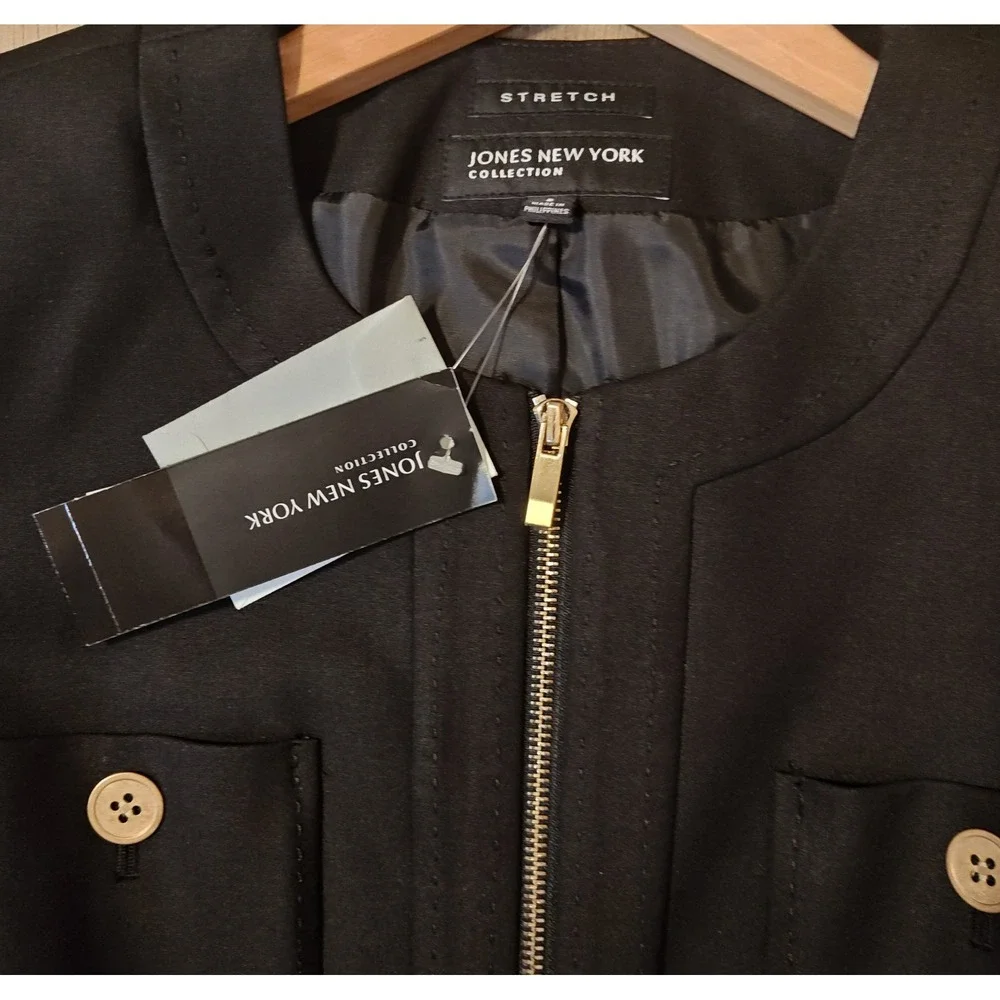 Jones‎ New York Collection Blazer Women 8 Black Zip Front Stretch Pockets New
